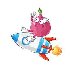 red onion ride a rocket cartoon mascot vector
