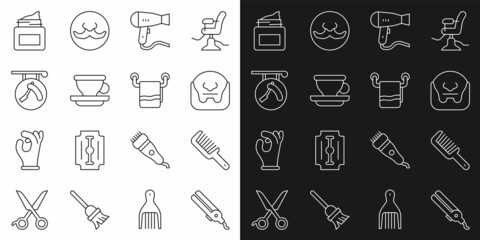 Set line Curling iron, Hairbrush, Mustache and beard, dryer, Coffee cup, Barbershop with razor, Cream cosmetic jar and Towel hanger icon. Vector