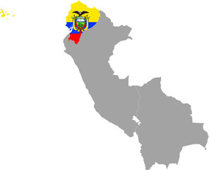 Map of Ecuador with national flag within the gray map of the western region of South America