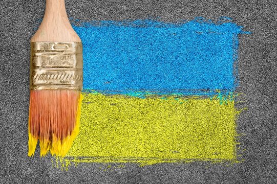 Flag Of Ukraine. Chalk Drawing On Sidewalk. Support For Ukraine.