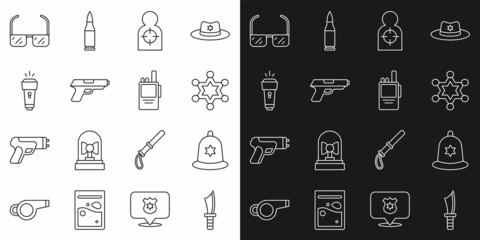 Set line Military knife, British police helmet, Hexagram sheriff, Human target sport for shooting, Pistol gun, Flashlight, Safety goggle glasses and Walkie talkie icon. Vector