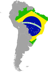 Map of Brazil - the eastern region of South America with national flag within the gray map of the South American continent