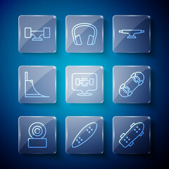 Set line Skateboard wheel, Longboard or skateboard, park, and icon. Vector