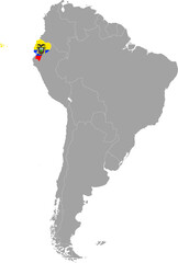 Map of Ecuador with national flag within the gray map of South American continent