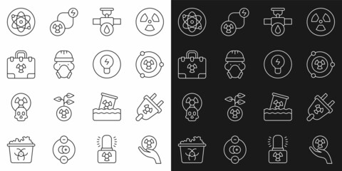 Set line Radioactive, Radiation electrical plug, Industry pipe and valve, Nuclear reactor worker, nuclear suitcase, Atom and Light bulb with concept of idea icon. Vector