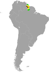Map of Guyana with national flag within the gray map of South American continent