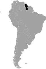 Black Map of Guyana within the gray map of South American continent