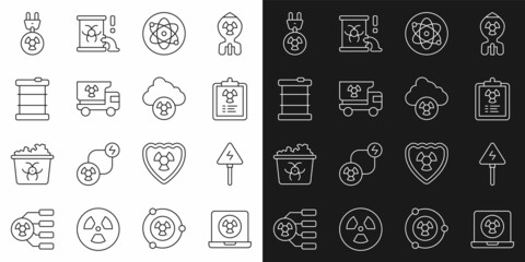 Set line Nuclear laptop, High voltage sign, Radiation warning document, Atom, Truck with radiation materials, Radioactive waste barrel, electrical plug and Acid rain and radioactive cloud icon. Vector