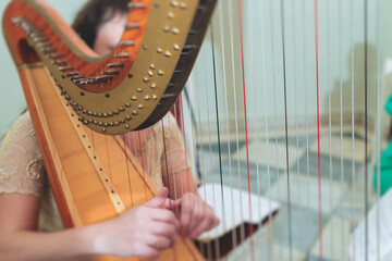 Female musician harpist playing wooden harp  during symphonic concert on a stage, with other musicians in the background, close up hands of the woman playing decachord