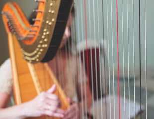 Female musician harpist playing wooden harp  during symphonic concert on a stage, with other musicians in the background, close up hands of the woman playing decachord