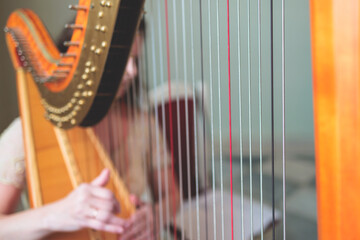 Female musician harpist playing wooden harp  during symphonic concert on a stage, with other musicians in the background, close up hands of the woman playing decachord