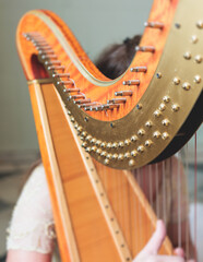 Obraz premium Female musician harpist playing wooden harp during symphonic concert on a stage, with other musicians in the background, close up hands of the woman playing decachord