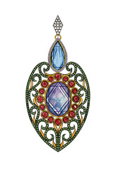 Jewelry design art vintage pendant. Hand drawing and painting on paper.

