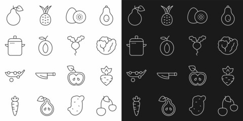 Set line Cherry, Turnip, Cabbage, Kiwi fruit, Plum, Cooking pot, Pear and Radish icon. Vector