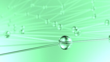 Clear glass atom structure on soft green background. Concept of biological science, network technology and human strategy. 3D CG. 3D high quality rendering. 3D illustration.