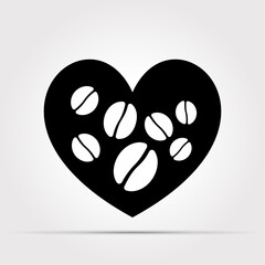 Flat style icon - I love coffee. Black and white version of the picture. Coffee beans on the background of the silhouette of the heart. Monochrome. Vector illustration. isolated object.