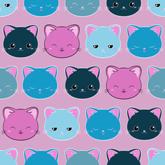 Koty - powtarzalny wzór - różowe i niebieskie kotki na jasnym tle. Uśmiechnięte, śpiące, smutne, zadowolone kocie głowy. Ilustracja wektorowa. - obrazy, fototapety, plakaty