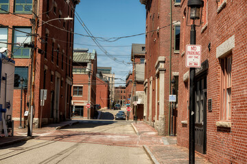 Street with old traditional buildings. USA. Maine. Portland.