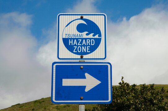 Tsunami hazard zone sign Malibu California near pacific coast highway