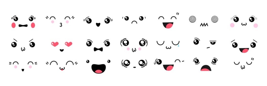 Kawaii Cute Faces. Manga Style Eyes And Mouths. Funny Cartoon Japanese Emoticon In In Different Expressions. For Social Networks. Expression Anime Character And Emoticon Face Illustration. Background.