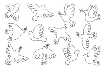 Peace symbol dove doodle outline set. Flying bird dove with olive branch line sign, peace and love pigeon icon. Freedom, humanity emblem peaceful and no war concept. Isolated logo design elements
