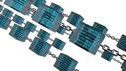 Blue glowing binary data in clear glass cubes connected by iron chains under white lighting background. Block chain network technology concept illustration. 3D illustration. 3D CG.