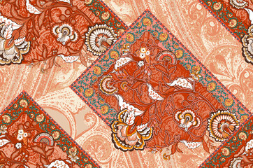 patchwork floral pattern with paisley and indian flower motifs. damask style pattern for textil and decoration - obrazy, fototapety, plakaty