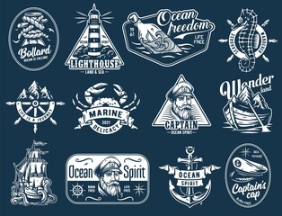 Nautical marine sailor prints, captain cap, anchor and bollard, sea wanderer, ocean spirit, seafarer emblems © Casoalfonso