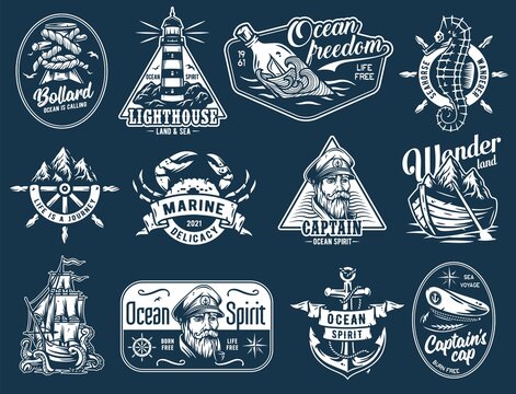 Nautical marine sailor prints, captain cap, anchor and bollard, sea wanderer, ocean spirit, seafarer emblems