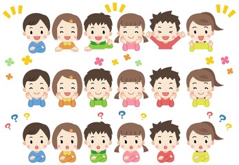 笑顔・頬杖をつく・考える　子供たちのイラストセット　主線なし