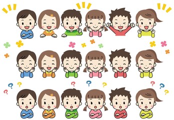 笑顔・頬杖をつく・考える　子供たちのイラストセット　主線あり
