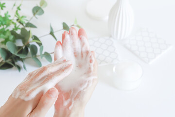 Naklejka premium 石鹸を泡立てる女性の手元