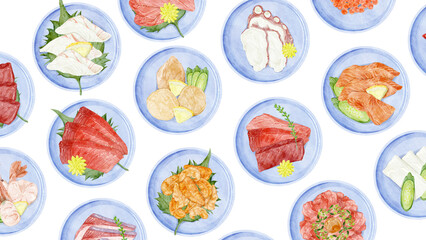 小皿に盛り付けたお刺身の手描き水彩風イラスト