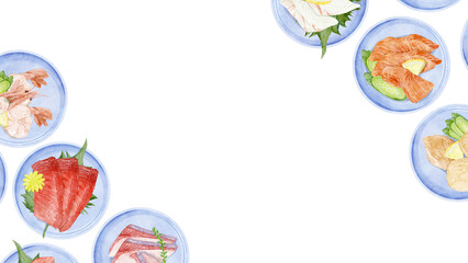 小皿に盛り付けたお刺身の手描き水彩風イラスト