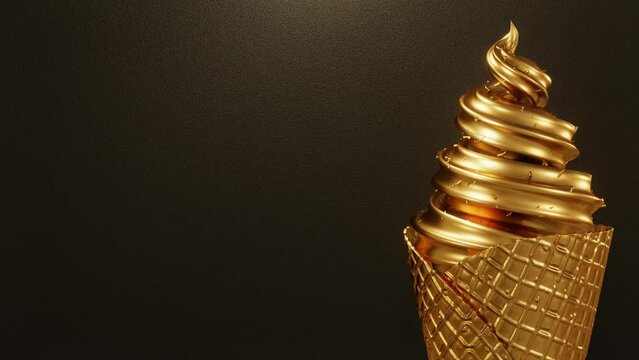 3d render animation video Luxury Ice cream cone gold color, Food Drink Object Concept Design Realistic scene footage video clip on black background rough, for ad inspiration creative banner webside 