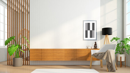 Cabinet wood for tv on the wood slat wall in living room with minimalist design. 3d rendering