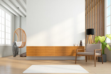 Cabinet wood for tv on the wood slat wall in living room with minimalist design, hanging chair. 3d rendering