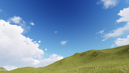 Green grass hill field under blue sky. 3D illustration. 3D rendering.