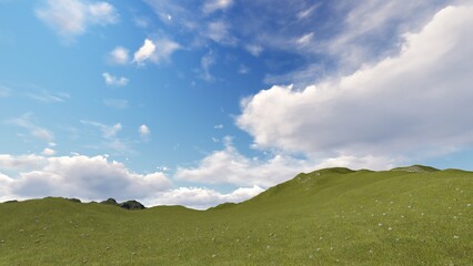 Green grass hill field under blue sky. 3D illustration. 3D rendering.