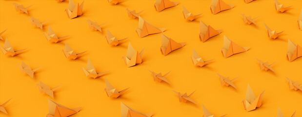 Collection of Orange Origami Birds on Orange Background. Minimalist Design with Folded Paper Birds.
