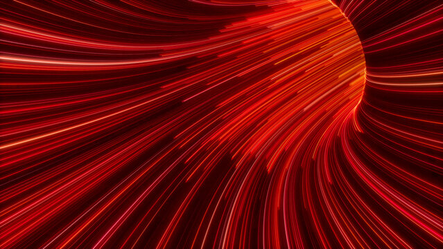 Wavy Neon Lights Tunnel with Red, Orange and White Curves. 3D Render.
