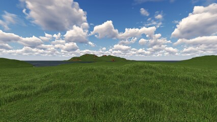 Green grass hill field under blue sky. 3D illustration. 3D rendering.