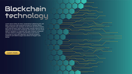 Blockchain technology concept, cryptocurrency. Working with tokens on the Internet, security. Futuristic background with elements in techno style microchips. Design banner template for web. Copyspace.