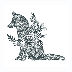 Animal Mandala with Flower. Vector, Line Art