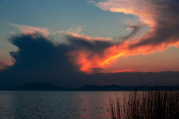 Landscape with a beautiful sunset on Balaton lake  - Hungary