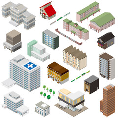 様々な建物の立体図イラスト. 建物の外観.