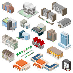 様々な建物の立体図イラスト. 建物の外観.