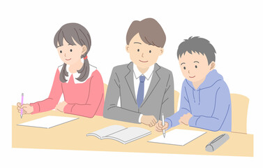 勉強をする男女の学生と勉強を教える男性教師