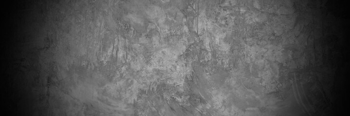 Old wall texture cement dark black gray panorama background abstract grey color design are light with white gradient background.