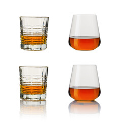 set of whiskey glasses. Collage glasses of whiskey on white background. Banner design